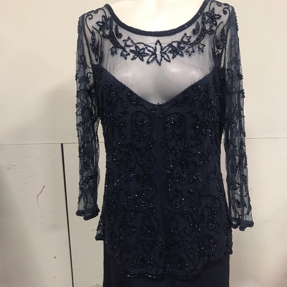 Pisarro Nights Sheer Beaded Bodice 3/4 Sleeve Gown - Picture 3 of 10